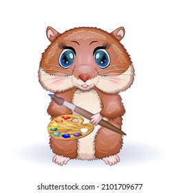 Cute hamster with paints and brush, concept artist, hamster cartoon characters, funny animal character.