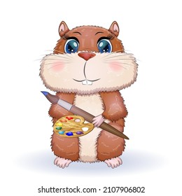 Cute hamster with paints and brush, concept artist, hamster cartoon characters, funny animal character.