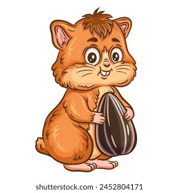 Nettes Hamster-Haustier, das Sonnenblumensamen-Ikone hält. Lustige kleine Maus-Cartoon-Figur, die Sonnenblume Pflanzenkorn frisst. Flaumiges, fettes Nagetier, das mit Futter steht. Natürliche gesunde pflanzliche Nahrungsmittel-Vektorgrafik