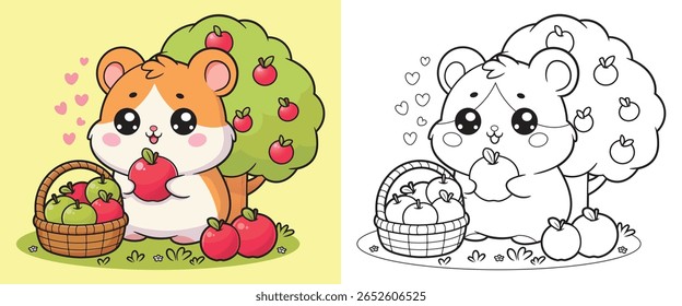 Cute hamster picking apples under a tree with a full basket beside. Fun kids’ coloring page. Main object and background are separated in different layers