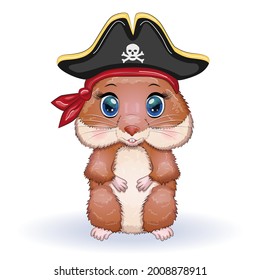 Cute hamster pirate, in a cocked hat, summer and sea concept, cartoon characters of hamsters, funny animal character