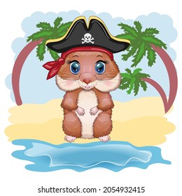 Cute hamster pirate, in a cocked hat, summer and sea concept, cartoon characters of hamsters, funny animal character