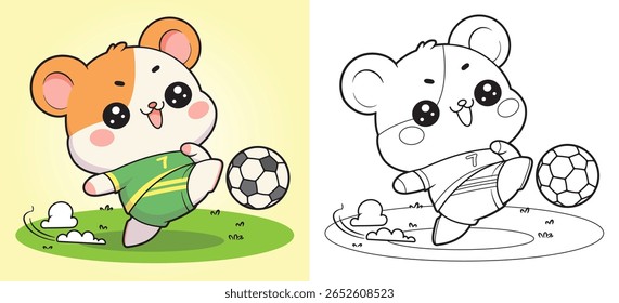 Cute hamster playing soccer in sporty outfit with happy expression. Fun coloring page for kids. Main object and background are separated in different layers.