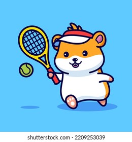 Cute hamster playing tennis mascot vector illustration
