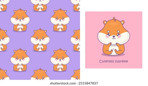 Cute hamster postcard and background. Seamless pattern with funny sitting cartoon rodent kawaii character on purple. Vector illustration. Kids collection