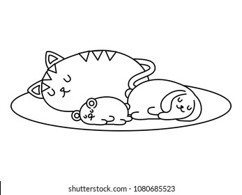 cute hamster with rabbit and cat sleeping kawaii character