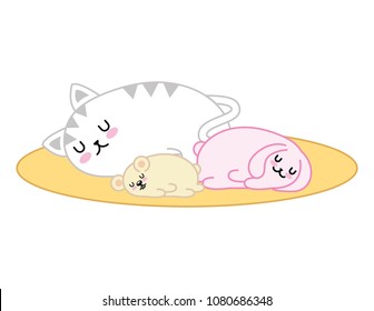 cute hamster with rabbit and cat sleeping kawaii character