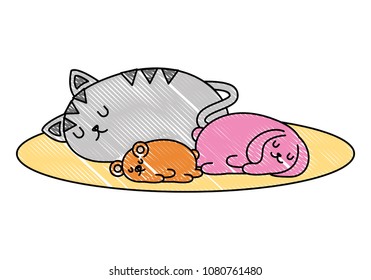 cute hamster with rabbit and cat sleeping kawaii character