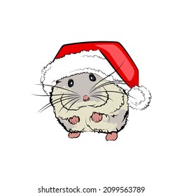 Cute hamster in a red Santa hat isolated on white background. Vector illustration.