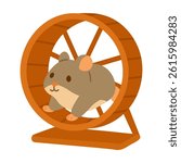 Cute hamster running inside exercise wheel. Cartoon flat style, pastel soft colors, clean isolated vector clipart.