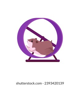 Cute hamster running in jogging wheel, flat vector illustration isolated on white background. Jogging wheel addition or accessory for pets cage icon or symbol.