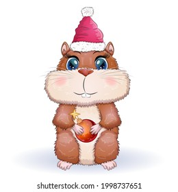 Cute hamster in santa claus hat with ball for christmas tree, christmas isolated