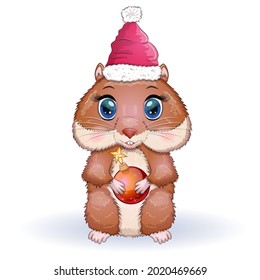 Cute hamster in santa claus hat with ball for christmas tree, christmas isolated