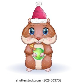 Cute hamster in santa claus hat with ball for christmas tree, christmas isolated