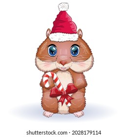 Cute hamster in santa claus hat with candy cane, christmas isolated