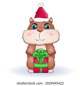 Cute hamster in santa claus hat with gift, christmas isolated