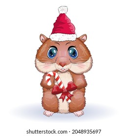 Cute hamster in santa claus hat with candy cane, christmas isolated