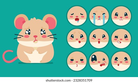 Cute Hamster, Tieremotionen, winzige Maus mit Emoji Kollokation, Schlafen, Weinen, Traurig, gelangweilt, glücklich, aufgeregt, liebenswert, überrascht, unvorsichtig, selbstbewusst, erschreckt, verblüfft, Flaat Vectoravatar