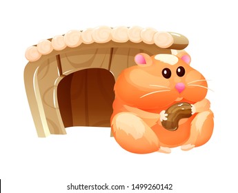 Cute hamster sit and eating nut. Cartoon character design vector illustration on white background.