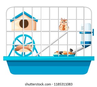 Cute hamster sit and holding nut, another hamster running in wheel. Hamster cage, wheel and automatic drinker. Cartoon character design. Flat vector illustration on white background.