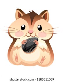 Cute hamster sit and holding a sunflower seed. Cartoon character design. Flat vector illustration isolated on white background.