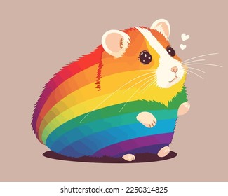 cute hamster sits on the ground under a rainbow. flat vector illustration.