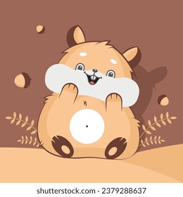 Cute hamster sits and smiles in the grass among acorns on a brown background. Vector illustration.
