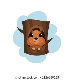 Cute hamster sitting in hollow of tree, hollowed out old tree and funny animal inside vector Illustration on a white background