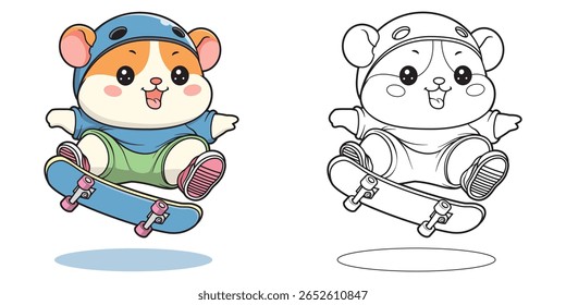 Cute hamster skateboarding in the air with helmet and hoodie. Fun coloring page for kids. Main object and background are separated in different layers (not merged).