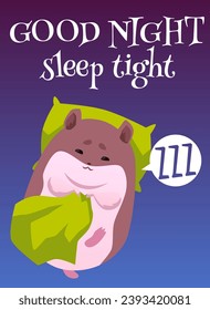 Cute hamster sleeping on green pillow with a small blanket, vector illustration. Funny fluffy pet lies and rests, domestic furry rodent on card or poster. Home animal. Drawn in flat cartoon style.