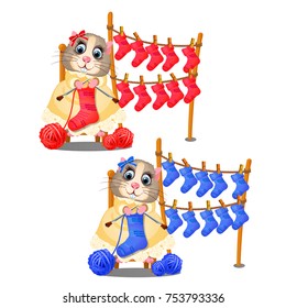 Cute hamster smiling and knitting socks isolated on white background. Hobby and handmade manufacturing of woolen clothing. Funny animals. Vector cartoon close-up illustration.