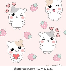 Cute hamster with strawberry 
seamless pattern on pink background.