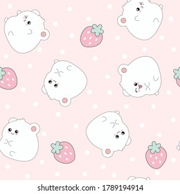Cute hamster with strawberry 
seamless pattern on pink background.