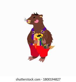 Cute hamster with sunflower and carrot on white background. Cartoon animals illustration in vector