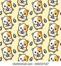Cute Hamster with Sunflower Seeds Vector Repeat Seamless Pattern with Hamsters, Sunflower Seeds and Yellow Polka Dots. Perfect For Animal Themed Fabric Design, Fashion and Textile Design.