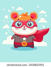 A cute hamster super hero with glasses and a red cape wears a superhero costume. On a blue background with clouds. Simple cartoon flat vector style. Children's card, invitation, holiday, decoration.