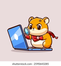 Cute Hamster Super Hero Looking Laptop With Magnifying Glass Cartoon Vector Icon Illustration. Animal Technology Icon Concept Isolated Premium Vector. Flat Cartoon Style