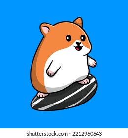 Cute Hamster Surfing With Sunflower Seed Cartoon Vector Icons Illustration. Flat Cartoon Concept. Suitable for any creative project.