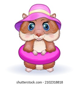 Cute hamster in swimming circle and hat, summer concept, hamster cartoon characters, funny animal character