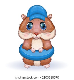 Cute hamster in swimming circle and hat, summer concept, hamster cartoon characters, funny animal character