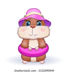 Cute hamster in swimming circle and hat, summer concept, hamster cartoon characters, funny animal character