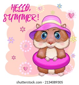 Cute hamster in swimming circle and hat, summer concept, hamster cartoon characters, funny animal character
