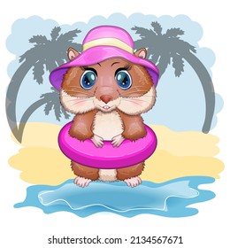 Cute hamster in swimming circle and hat, summer concept, hamster cartoon characters, funny animal character