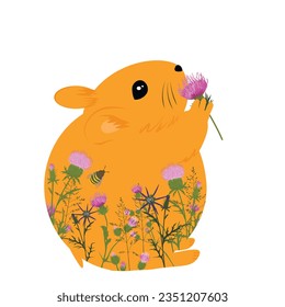 Cute hamster vector illustration. A little mouse in wildflowers. Sweet baby. Childrens poster. Isolated on a white background.