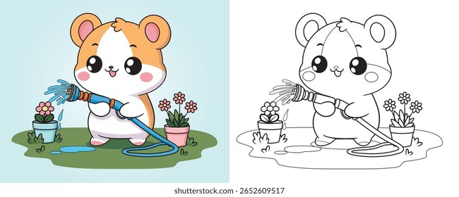 Cute hamster watering flowers with a hose in a garden. Fun and simple coloring page for kids. Main object and background are separated in different layers.
