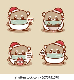 Cute hamster wear medical mask,washing hands,and use handsanitizer protect coronavirus covid-1. New normal christmas concept 