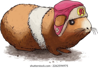 A cute hamster wearing a hat and on it's hat the Han text means "Bravery".