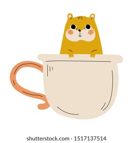 Cute Hamster in White Teacup, Adorable Little Cartoon Animal Character Sitting in Coffee Mug Vector Illustration