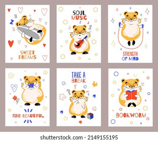 Cute hamsters cards. Funny fluffy animal character, different actions posters with text, happy rodent mascot, little pet, sleeping, eating, reading book, playing guitar vector cartoon set