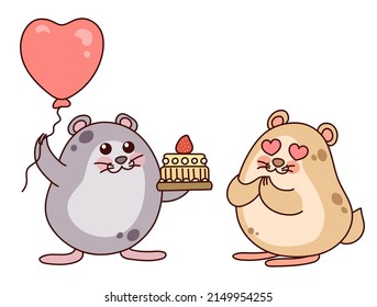 Cute Hamsters Party. Männlicher Hamster gibt dem Hamster einen Kuchen. Romantik. Kawaii-Zeichentrickfiguren. Vektorgrafik einzeln auf weißem Hintergrund.